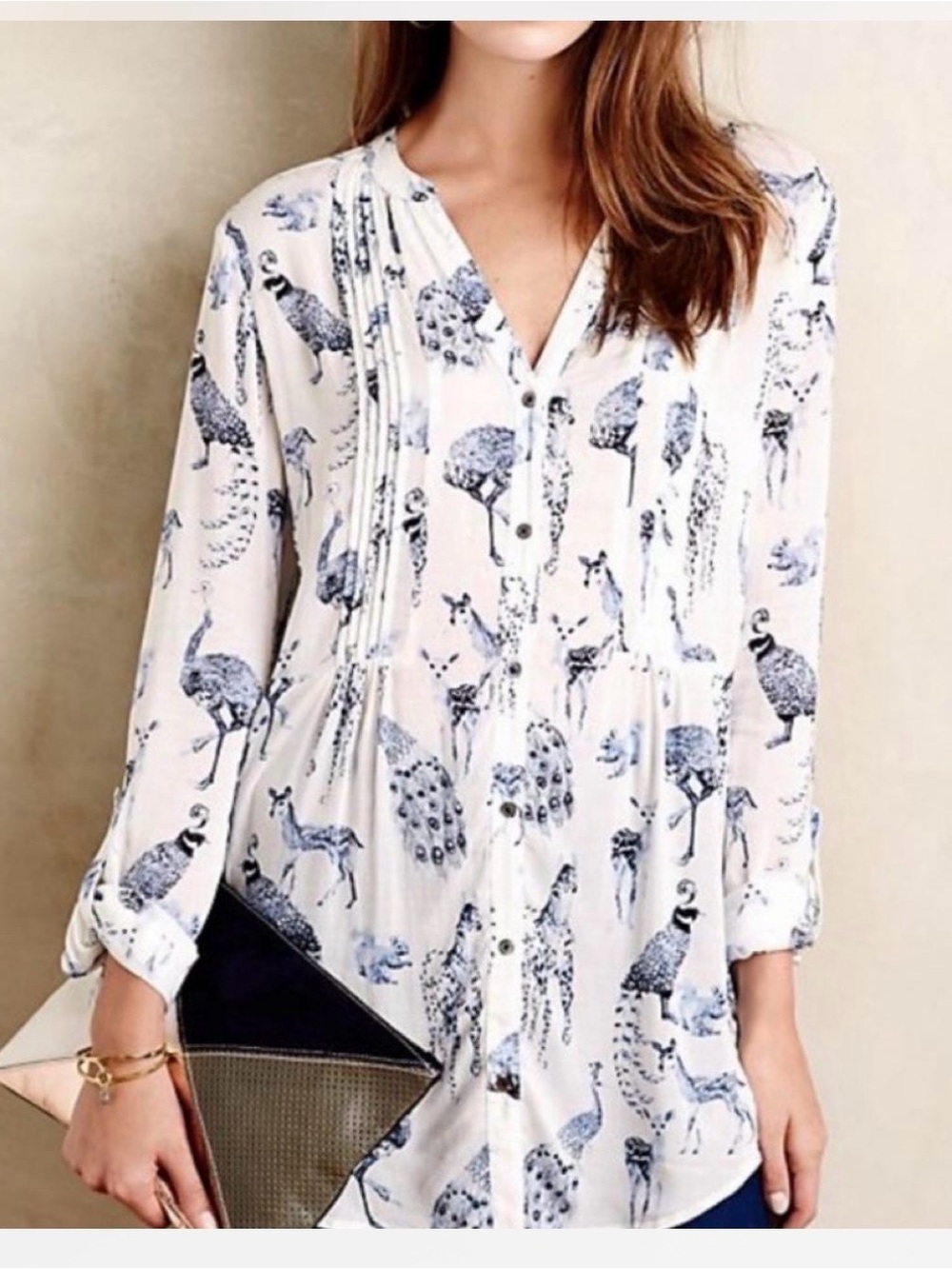 Womens White Button-Front Animal Print Blouse